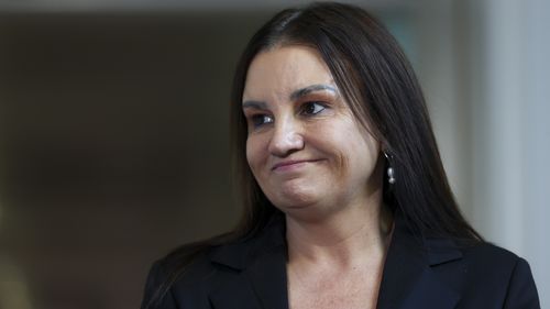 Senator Jacqui Lambie speaks to the media at Parliament House in Canberra on May 13, 2024.