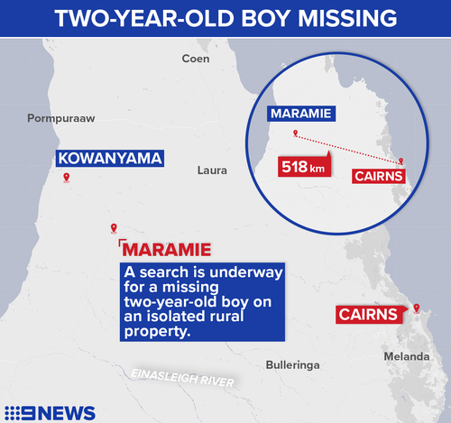 A search is underway after a two-year-old boy wandered off from a rural homestead in Maramie,