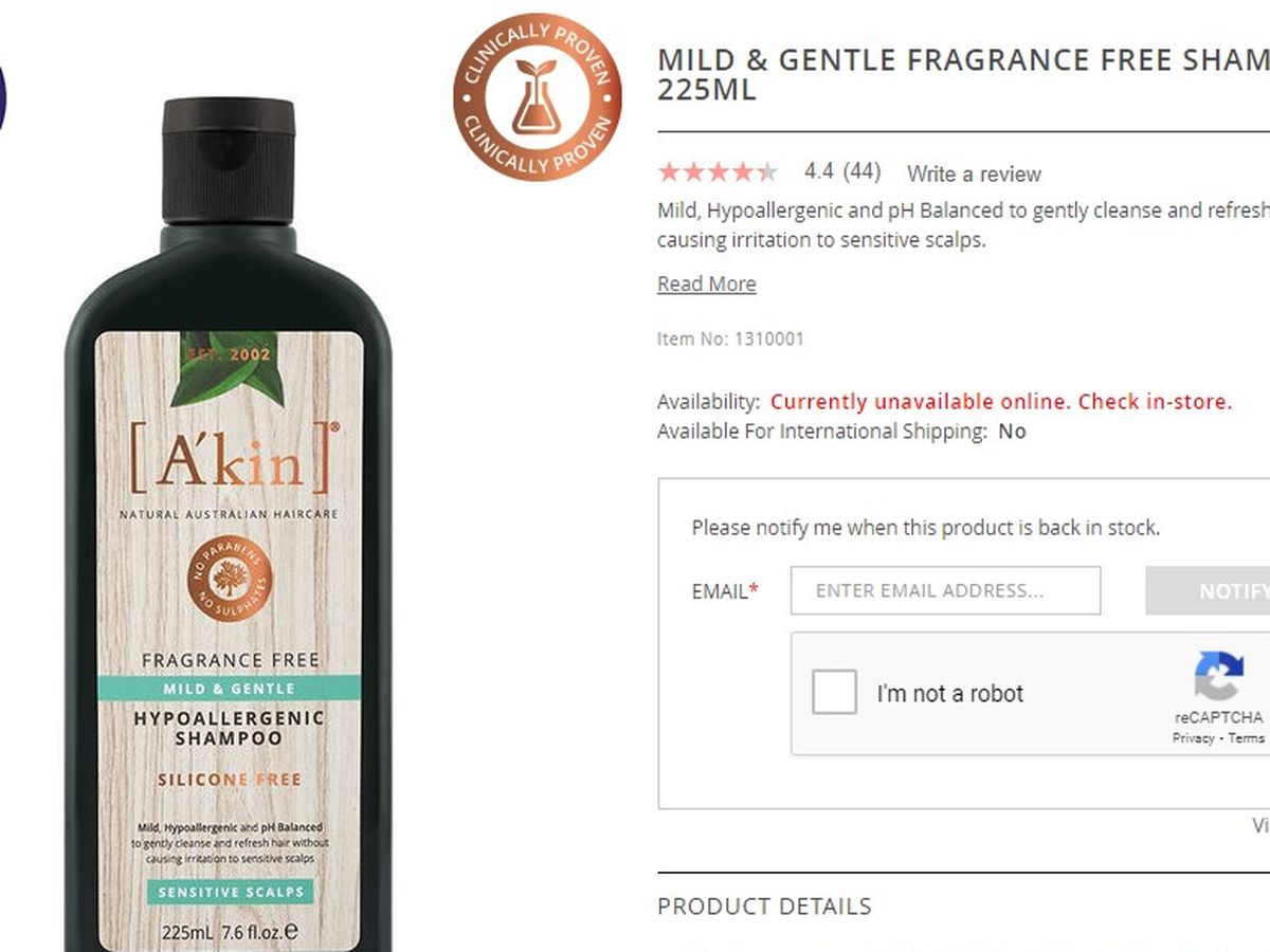 Træts webspindel Lægge sammen notifikation A'kin Fragrance-Free Mild & Gentle Hypoallergenic Shampoo in the 225mL size  pulled from supermarket shelves
