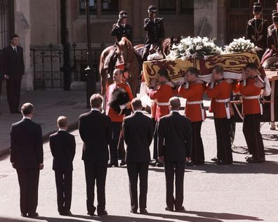 Charles Spencer (centre) at his sisters funeral joined by (from left) Prince Charles, Prince Harry, Prince William and Prince Philip.