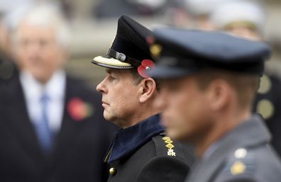 Prince Edward and Prince William, right, during the Remembrance Sunday service at the Cenotaph, in Whitehall, London, Sunday Nov. 14, 2021. (Toby Melville/Pool via AP)