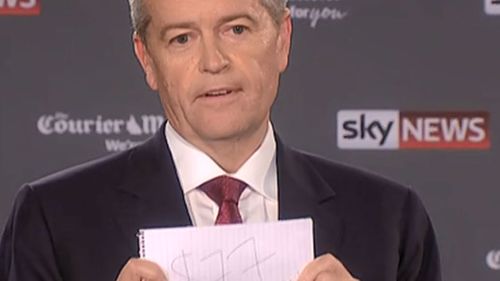 Bill Shorten holding up a piece of paper that reads $77 billion.