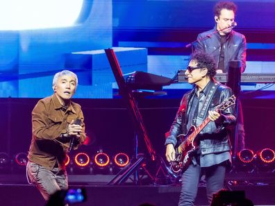 Arnel Pineda (L) and Neal Schon of Journey perform in concert during the "Final Frontier Tour" at Intrust Bank Arena on April 04, 2026 in Wichita, Kansas.