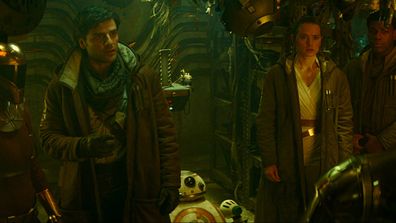 Oscar Issac (front) rallies the team as Poe Dameron, commander in the Resistance's Starfighter Corps.