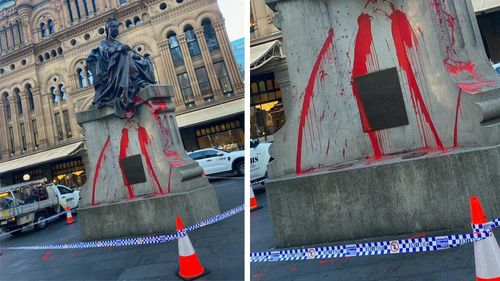 Vandals have thrown red paint on a statue of Queen Victoria.