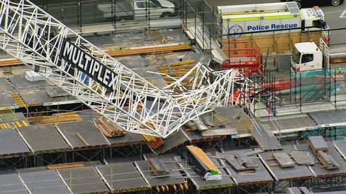 A crane has collapses at the Sydney Fish Market building site.