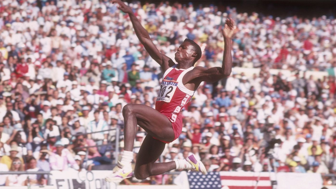 American athletics legend Carl Lewis in action at the Seoul 1988 Olympics.