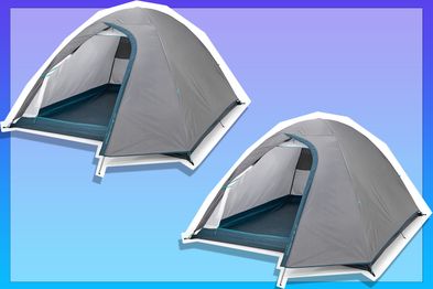 9PR: Grey tent on blue and purple background.