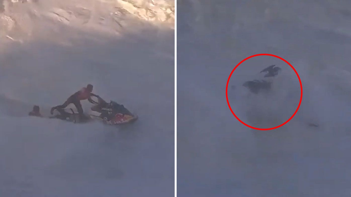 Monster pair of waves cause frightening wipeout at Tow Surfing Challenge in Nazare