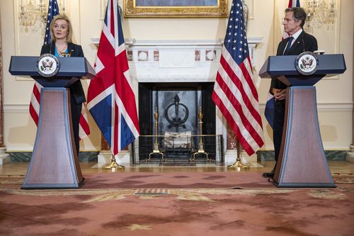 US Secretary of State Antony Blinken holds a joint press conference with British Foreign Secretary Elizabeth Truss in the Benjamin Franklin Room of the State Department in Washington, DC,  on March 9, 2022. 