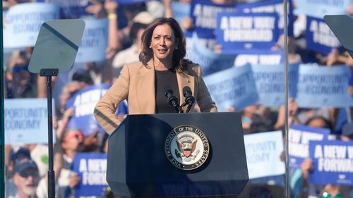 Kamala Harris speaking at a rally in New Hampshire.