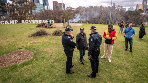 Camp Sovereignty in Kings Domain where people who had just finished performing and observing a weekly ceremony and celebration of culture were attacked by Neo-Nazi's after the March for Australia event. 