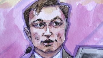 In this courtroom sketch, Elon Musk appears in federal court in San Francisco, Friday, Jan. 20, 2023. Musk took the witness stand to defend a 2018 tweet claiming he had lined up the financing to take Tesla private in a deal that never came close to happening. The tweet resulted in a $40 million settlement with securities regulators. It also led to a class-action lawsuit alleging he misled investors, pulling him into court Friday. (Vicki Behringer via AP)