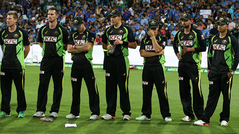 Australia players during the trophy presentations after losing their T20 series to India. (Getty)