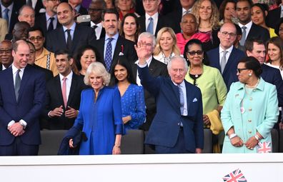 The Prince of Wales, Rishi Sunak, Camilla, Queen Consort, Akshata Murthy, King Charles III and Patricia Scotland during the Coronation Concert on May 07, 2023 in Windsor, England. 