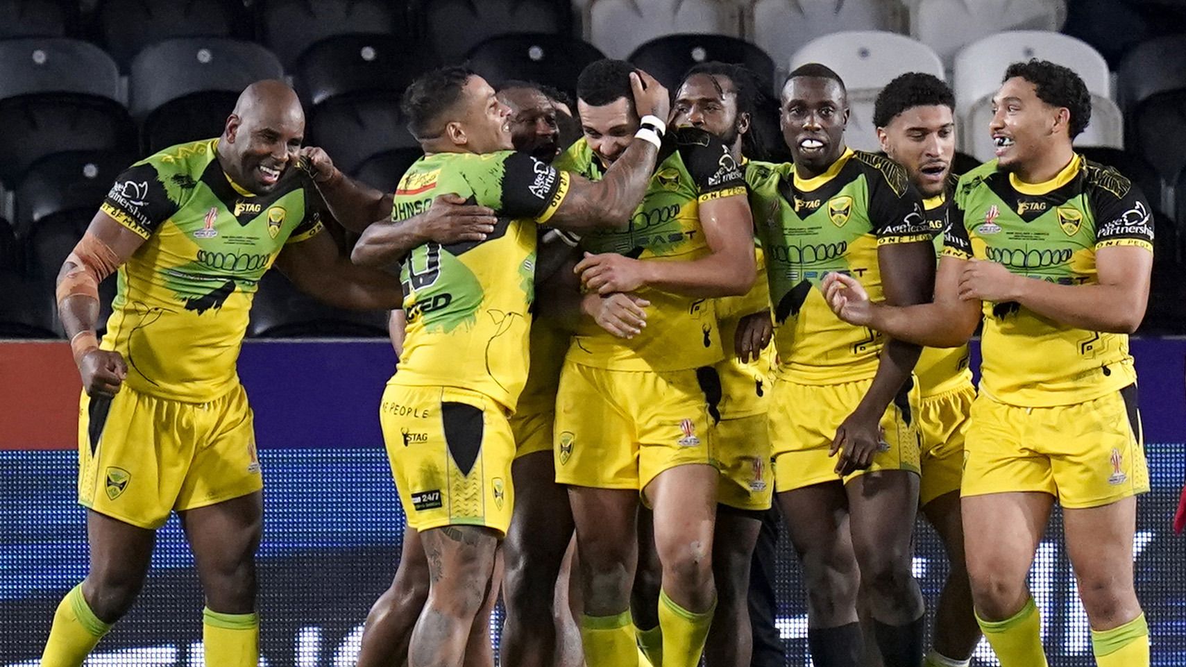 Jamaica&#x27;s Ben Jones-Bishop (centre) celebrates with team-mates after scoring their side&#x27;s first try during the Rugby League World Cup group C match at the MKM Stadium, Kingston upon Hull. Picture date: Saturday October 22, 2022. (Photo by Danny Lawson/PA Images via Getty Images)