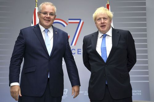 British Prime Minister Boris Johnson meets with Australian Prime Minister Scott Morrison for bilateral talks during the G-7 summit in Biarritz, France, in August last year.