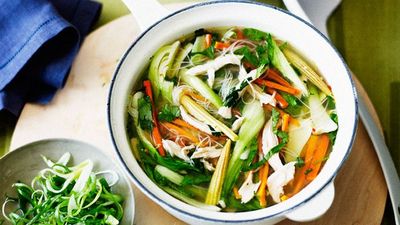 Recipe: <a href="http://kitchen.nine.com.au/2016/05/16/13/57/chicken-noodle-soup" target="_top">Chicken noodle and vegetable soup</a>