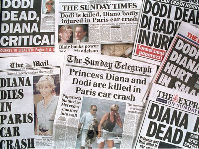 Newspapers announcing Princess Diana's death, 1997.