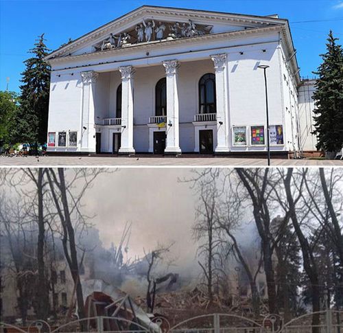 Mariupol City Council said Russian forces had 'purposefully and cynically' destroyed the Drama Theater in the heart of Mariupol, which is shown here in before and after pictures.