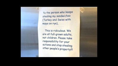 Nothing sparks the ire of an office worker more than having their food stolen from the communal fridge. A hilarious exchange between a sandwich thief and their victim has been shared 200,000 times after being shared by a New Zealand radio station. While some people have questioned if the exchange is a hoax the back and forth is undeniably hilarious. Above is the note which started the war between the two office workers. (All images More FM)