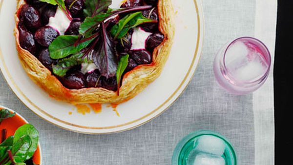 Roast baby beetroot, goat’s curd and rosemary tart