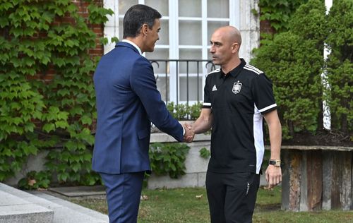 Spanish Prime Minister Pedro Sanchez welcomes President of the Royal Spanish Football Federation Luis Rubiales at Moncloa Presidential Palace in Madrid, Spain, on August 22.