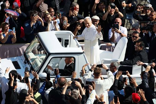Pope Leo XIV greets visitors and worshippers ahead of the Inauguration Mass of Pope Leo XIV, at Vatican City 