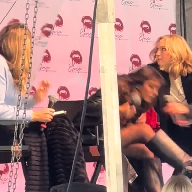 Candice King and Kat Graham catch falling stage piece 