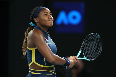 Coco Gauff of the United States reacts in their Semi Final singles match against Aryna Sabalenka during the 2024 Australian Open at Melbourne Park on January 25, 2024 in Melbourne, Australia. (Photo by Cameron Spencer/Getty Images)