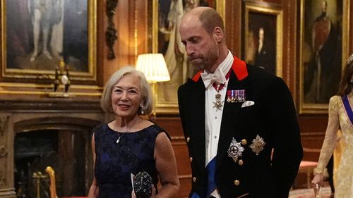 The Prince of Wales and Ms Paula Reynolds and the Princess of Wales with Michael Boulos, walk at the state banquet at Windsor Castle, Berkshire, on day one of US President Donald Trump's second state visit to the UK with his wife on September 17, 2025 in Windsor, England. 