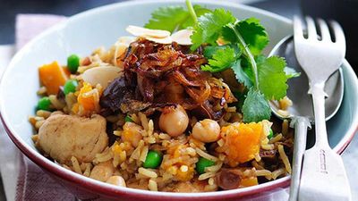 Moroccan chickpea and basmati rice chicken pilaf