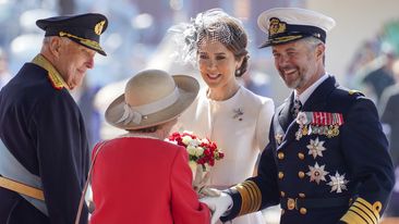 King Frederik, right, and Queen Mary of Denmark are welcomed by Norway&#x27;s King Harald, left, and Queen Sonja, upon their arrival in Oslo Tuesday, May 14, 2024. 