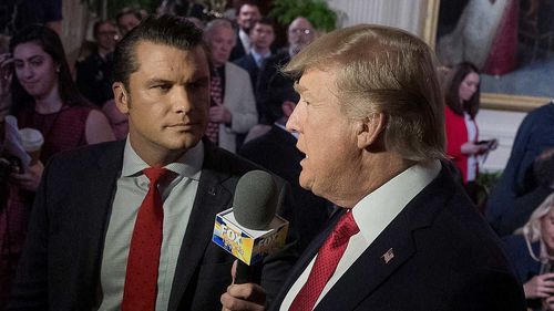 Pete Hegseth interviews Donald Trump as a reporter for Fox News in 2017.