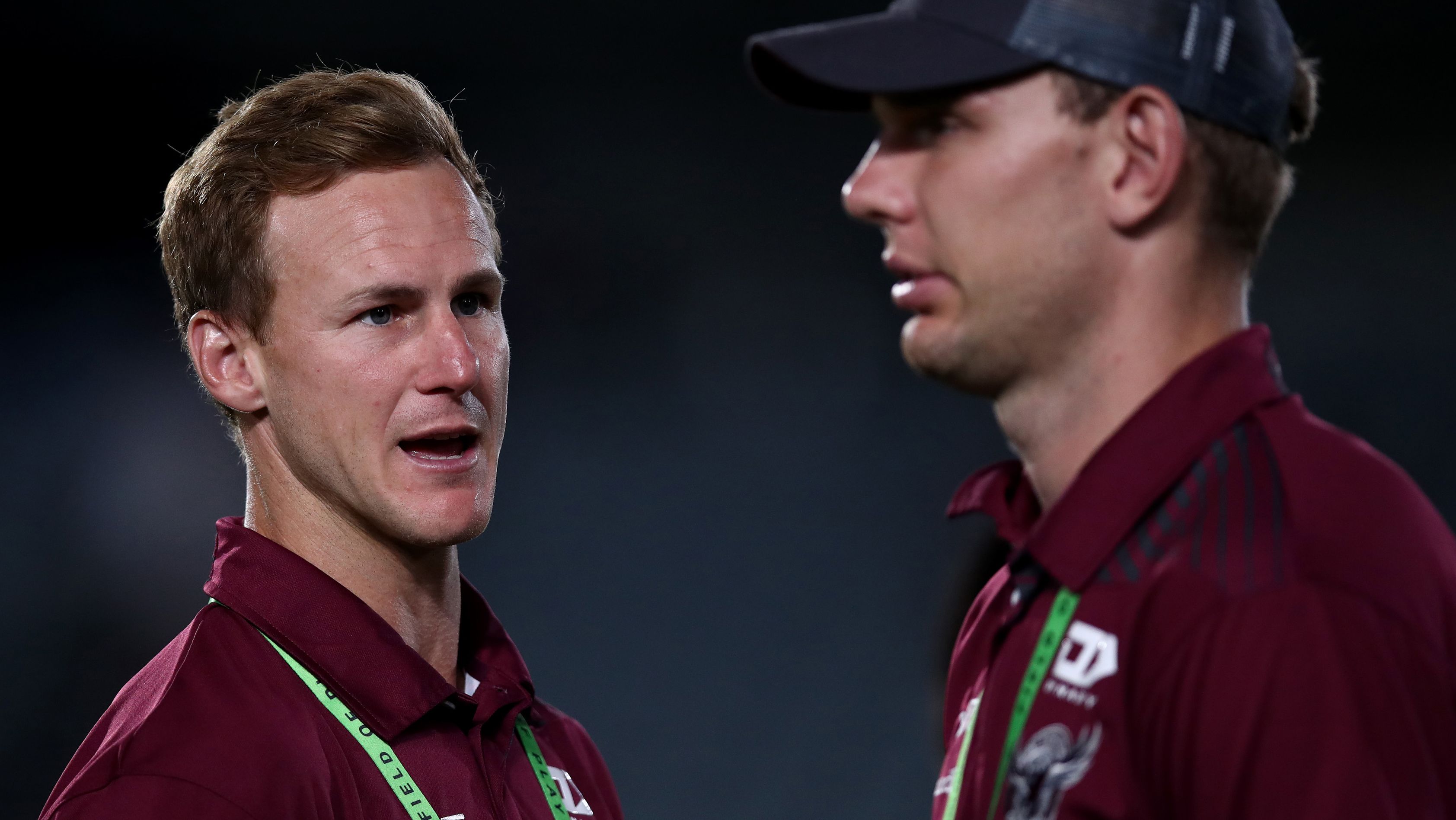 Daly Cherry-Evans talks to Tom Trbojevic of the Sea Eagles following the South Sydney Rabbitohs and the Manly Sea Eagles at Industree Group Stadium on February 10, 2023 in Gosford, Australia. (Photo by Jason McCawley/Getty Images)