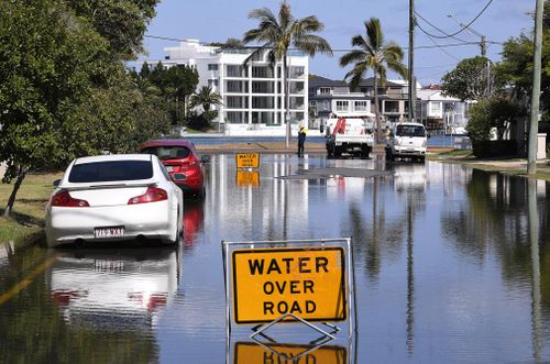 Flooding due to a king tide is seen on the Gold Coast. Huge swells and high tides are set to pummelling south-east Queensland beaches over the coming days as Cyclone Oma tracks towards the Queensland coast. 