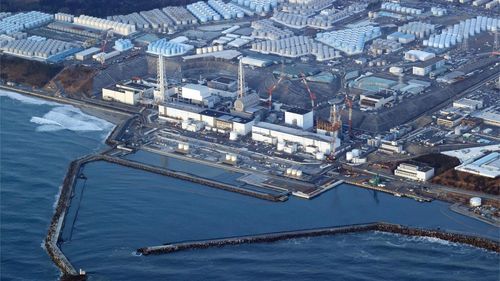 This aerial photo shows the Fukushima Daiichi nuclear power plant in Okuma town, Fukushima prefecture, north of Tokyo, on March 17, 2022. 