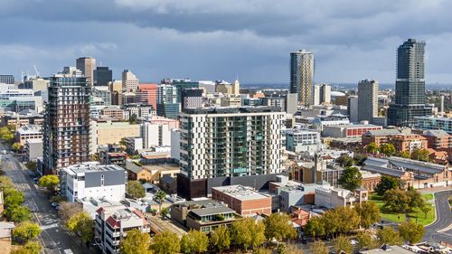 Storm clouds gather over the city of Adelaide.