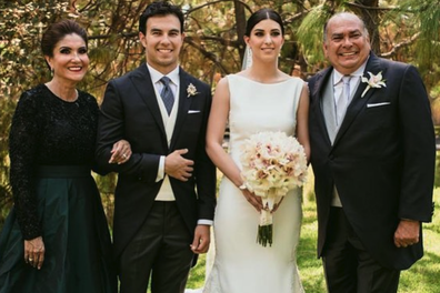 Sergio Perez with wife Carola Martinez and his parents on the couple's wedding day in 2018.