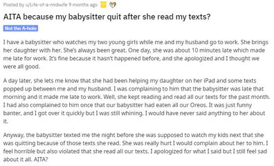 Babysitter quits after reading texts.