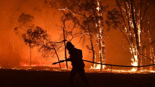 RFS volunteers and NSW Fire and Rescue officers protect the Colo Heights Public School from being impacted by the Gospers Mountain fire.