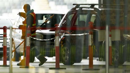 A drive through COVID testing site is seen at the Melbourne Show Grounds.