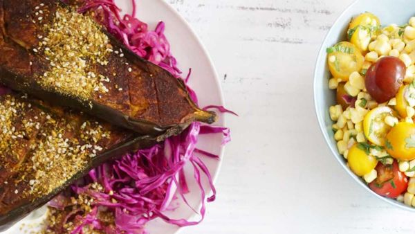 Roast turmeric cinnamon dukkah eggplant on pickles red cabbage recipe