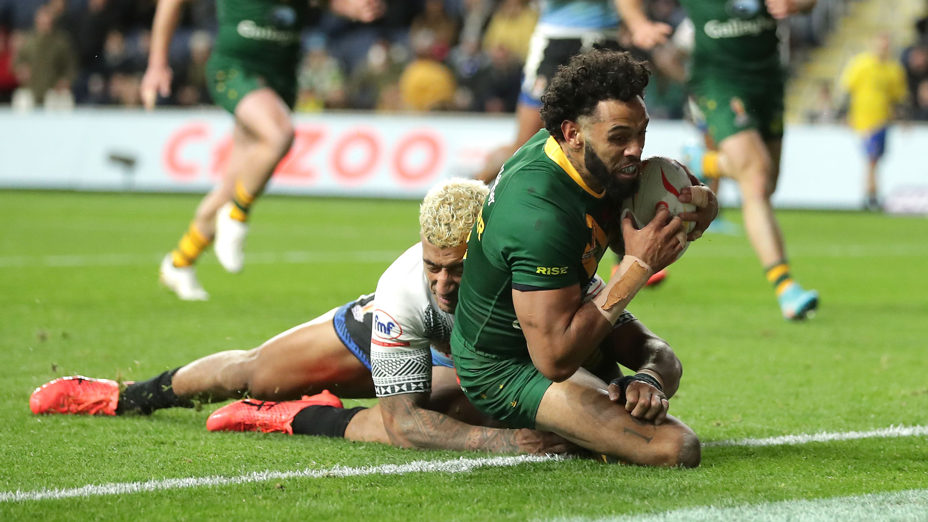 Australia&#x27;s Josh Addo-Carr scores his side&#x27;s seventh try of the game during the Rugby League World Cup group B match at Headingley Stadium, Leeds. Picture date: Saturday October 15, 2022. (Photo by Richard Sellers/PA Images via Getty Images)