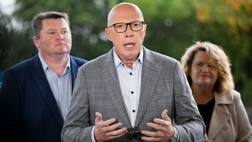 Opposition Leader Peter Dutton speaks during a press conference in the electorate of Whitlam April 29, 2025 in Mos