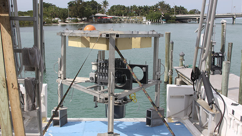 The benthic lander was deployed to the bottom of Amberjack Hole to collect data and samples for longer periods than divers can, right where the bottom water meets the sediment.