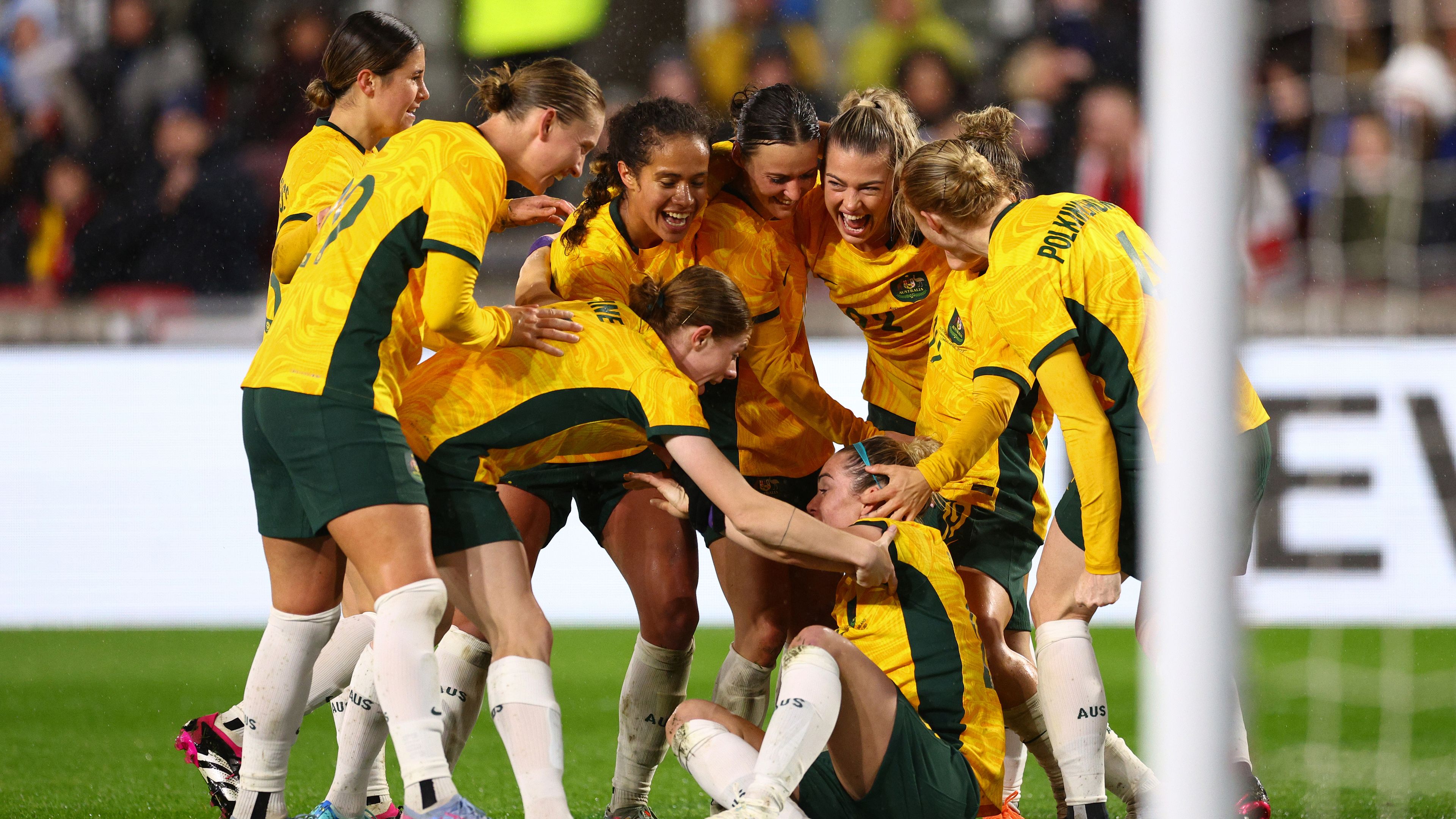 Charlotte Grant of Australia celebrates after scoring the team&#x27;s second goal.