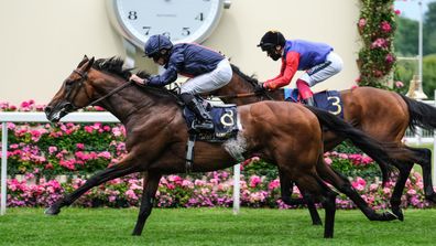 Russian Emperor ridden by Ryan Moore (L) beats The Queen's horse, First Receiver ridden by Frankie Dettori (R) in the Hampton Court Stakes during Day 2 of Royal Ascot at Ascot Racecourse on June 17, 2020 in Ascot, England