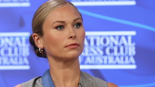 Advocate for survivors of sexual assault and abuse, Grace Tame during their address to the National Press Club of Australia in Canberra on Wednesday 9 February 2022. fedpol Photo: Alex Ellinghausen