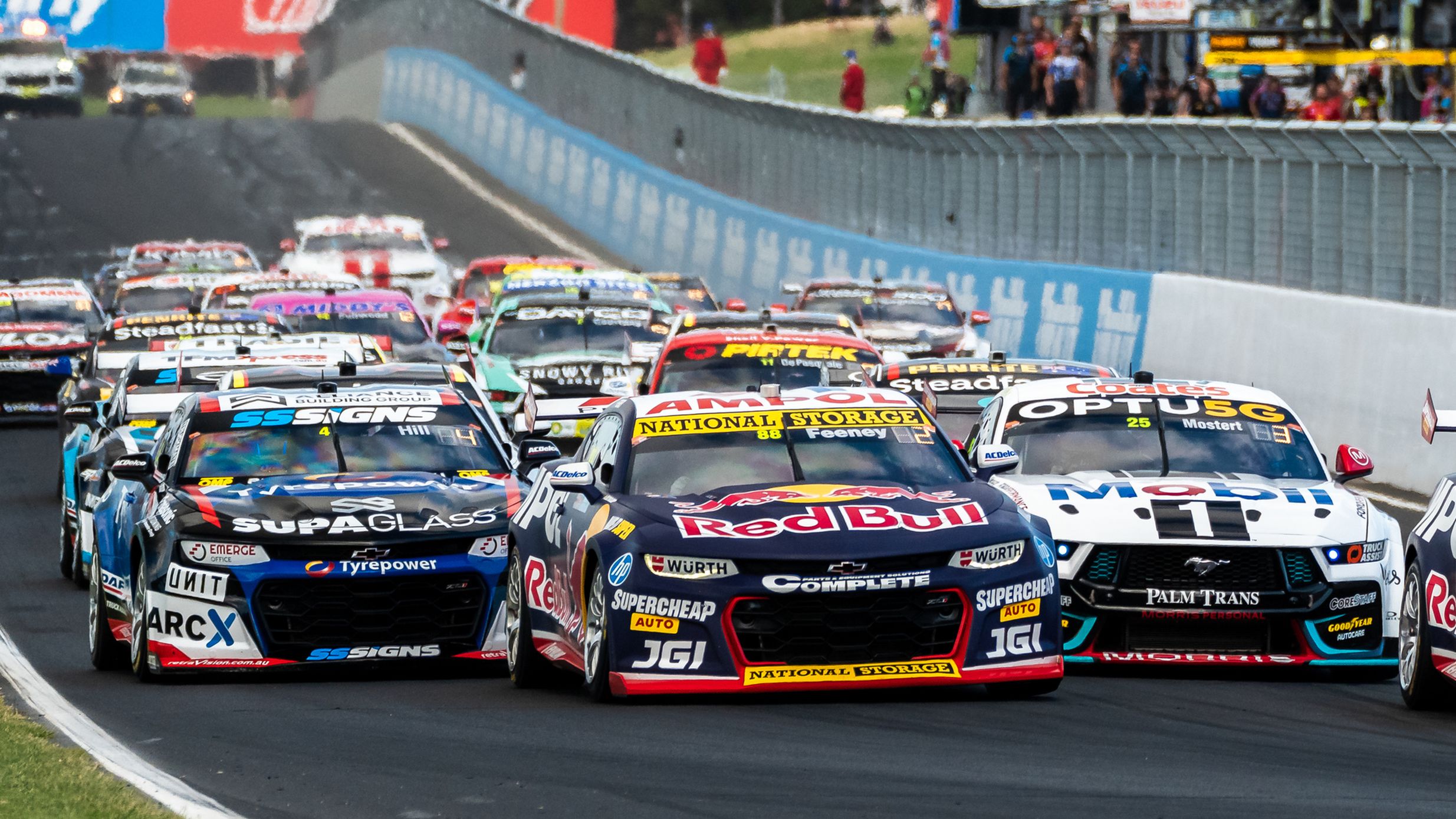 The start of the Supercars race at Mount Panorama.